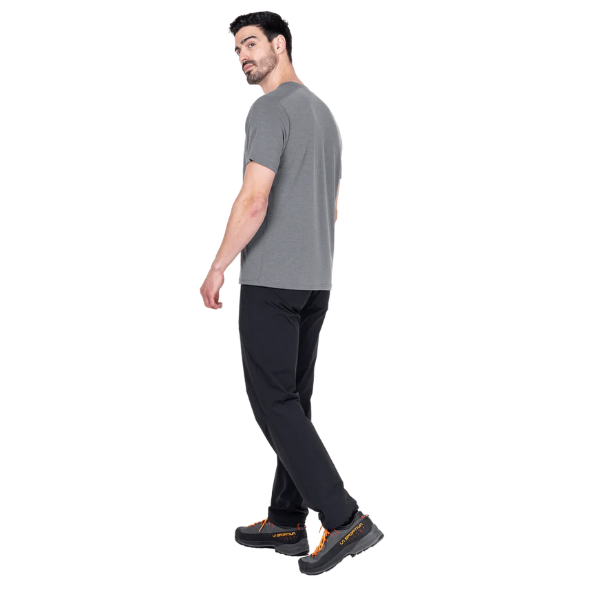 Mountain Equipment Headpoint Emblem Men's Tee in Flint Grey - Back Walking Model