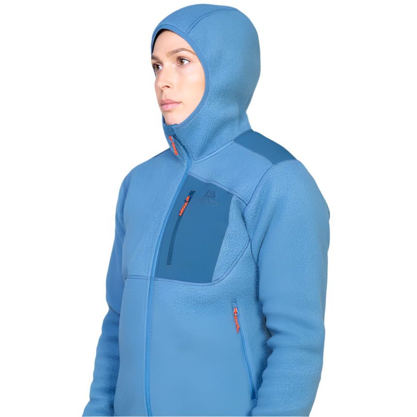 Mountain Equipment Highpile Hooded Women's Jacket in Stellar/Majolica - On Model Hood Front