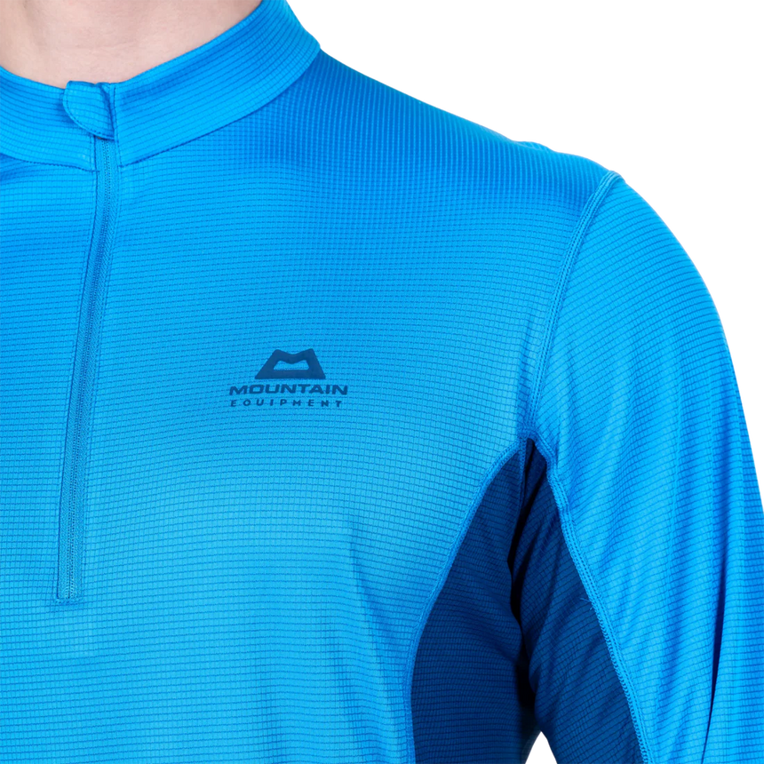 Mountain Equipment Ignis Long Sleeve Men's Zip Tee in Admiral/Atlantic - Collar and Zip Detail