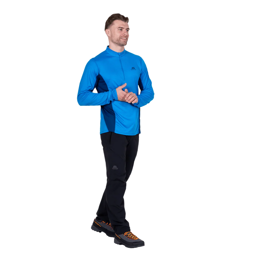 Mountain Equipment Ignis Long Sleeve Men's Zip Tee in Admiral/Atlantic - On Model Front