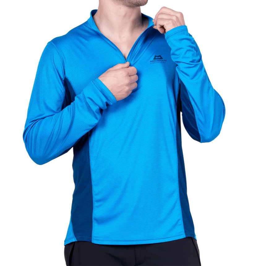 Mountain Equipment Ignis Long Sleeve Men's Zip Tee in Admiral/Atlantic - On Model Zipping