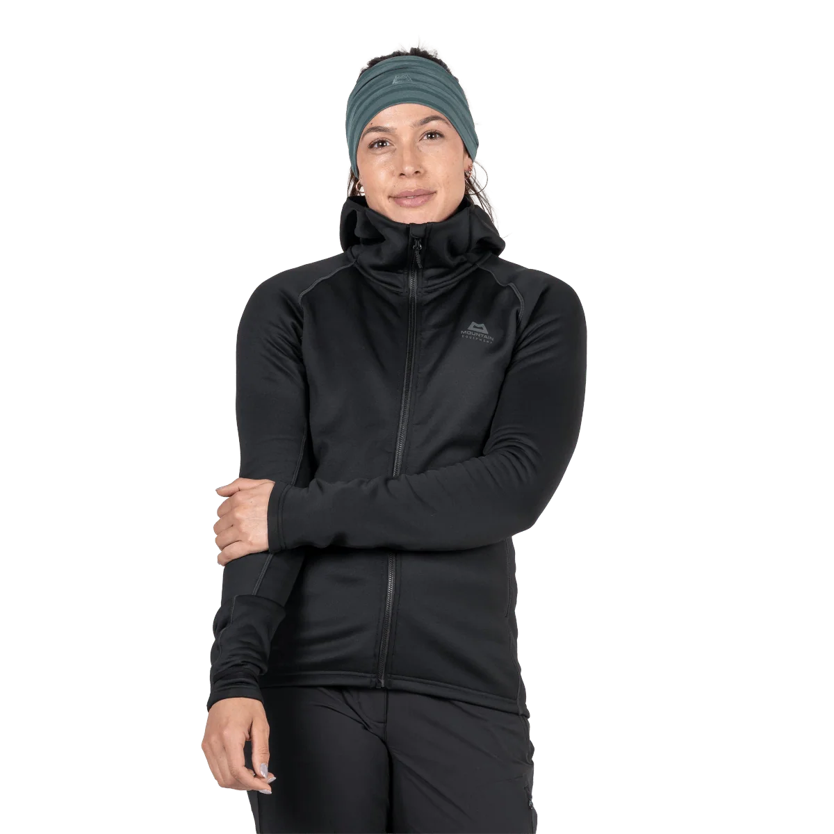 Mountain Equipment Jorasses Hooded Women's Jacket in Black - On Model Front, Hood Up