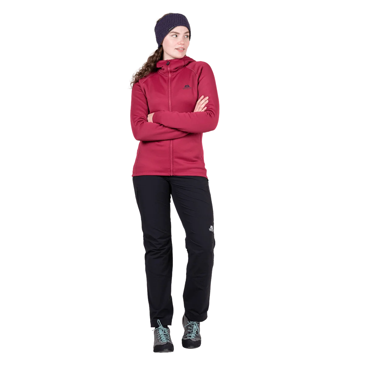 Mountain Equipment Jorasses Hooded Women's Jacket in Maroon - On Model Front, Arms Crossed