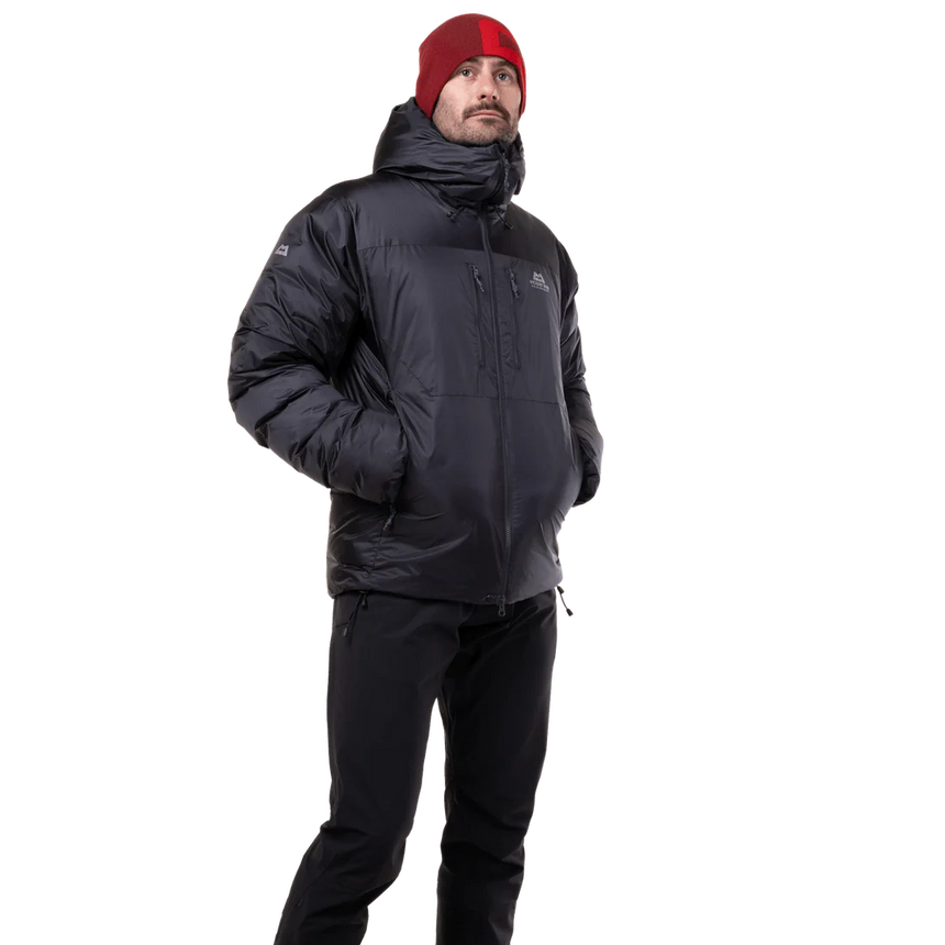 Mountain Equipment Kryos Men's Jacket in Obsidian - On Model Hood Up Side