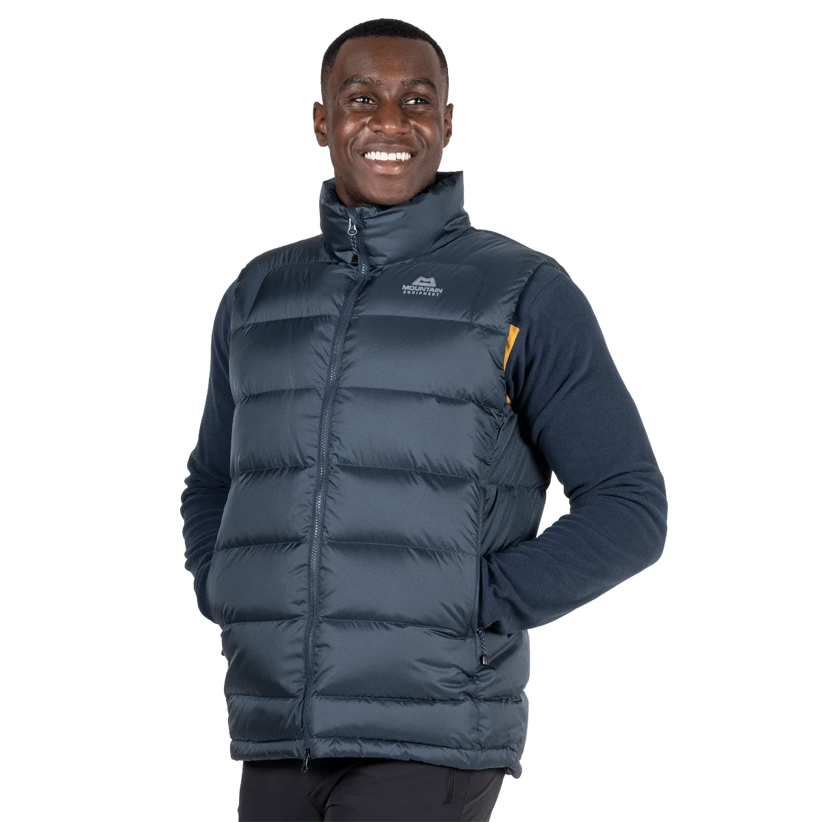 Mountain Equipment Lightline Men's Vest in Blue Nights - close up front view on model