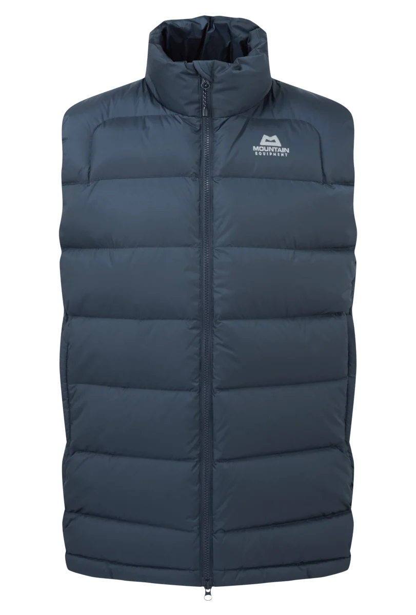 Mountain Equipment Lightline Men's Vest in Blue Nights - front view showing Drilite Loft outer and 2-way YKK moulded centre front zip
