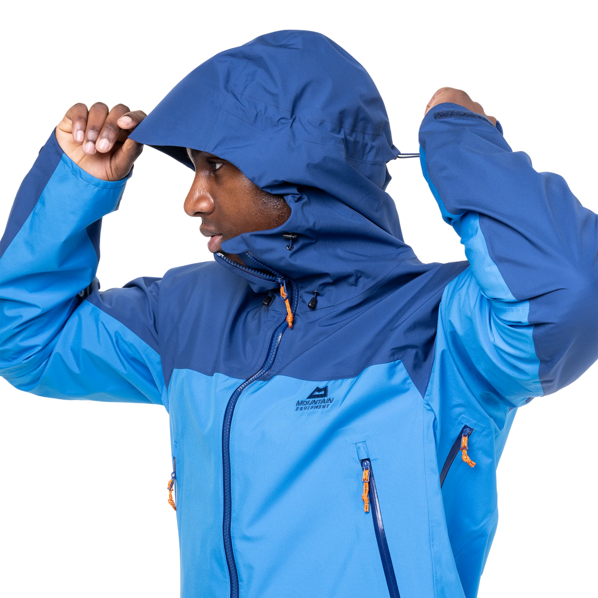Mountain Equipment Odyssey Men's Jacket in Atlantic/Admiral - On Model Hood Close
