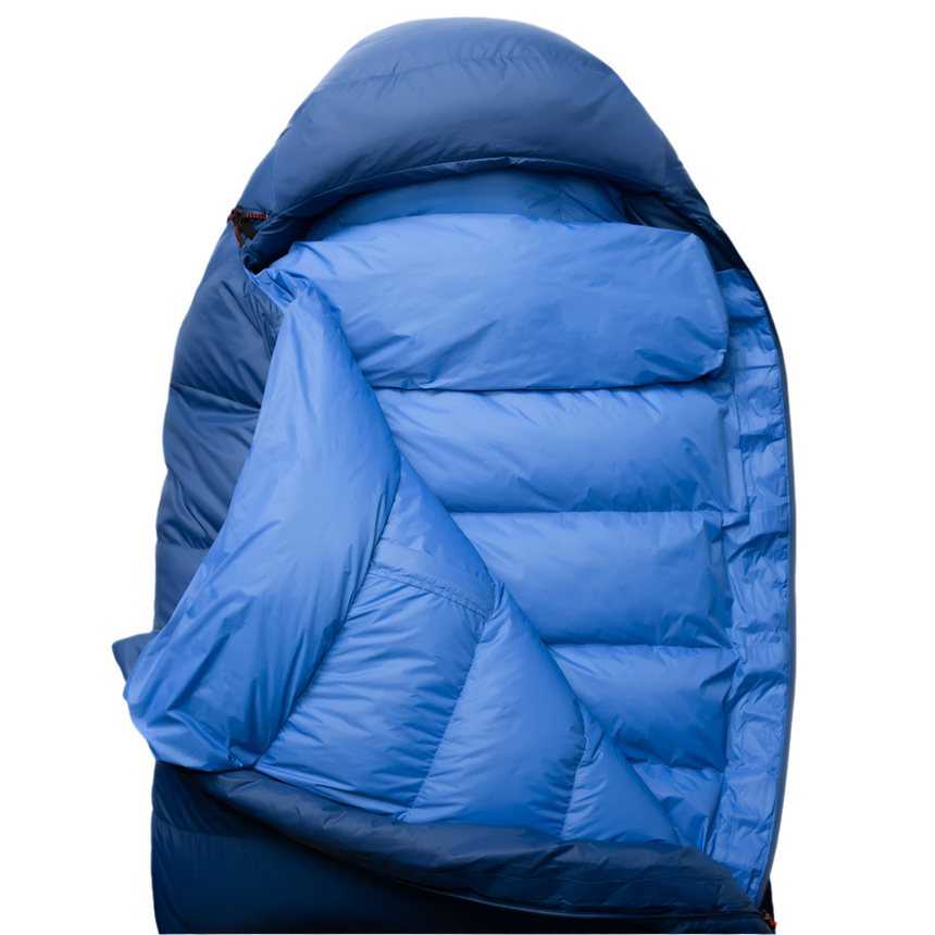 Mountain Equipment Olympus 650 Sleeping Bag in Admiral Blue - Hood Open Detail