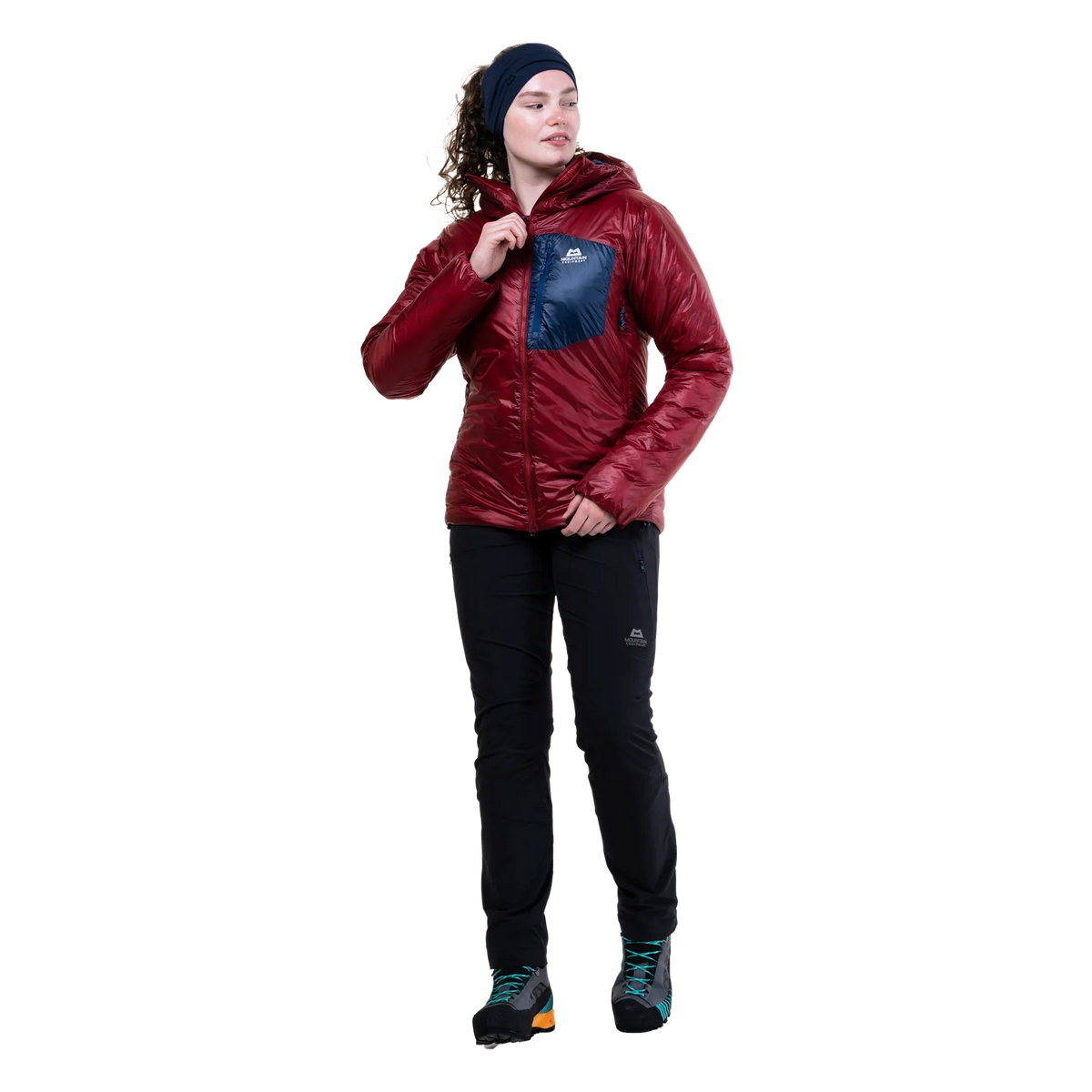 Mountain Equipment Oreus Hooded Women's Jacket in Merlot/Admiral Blue - Front Fit