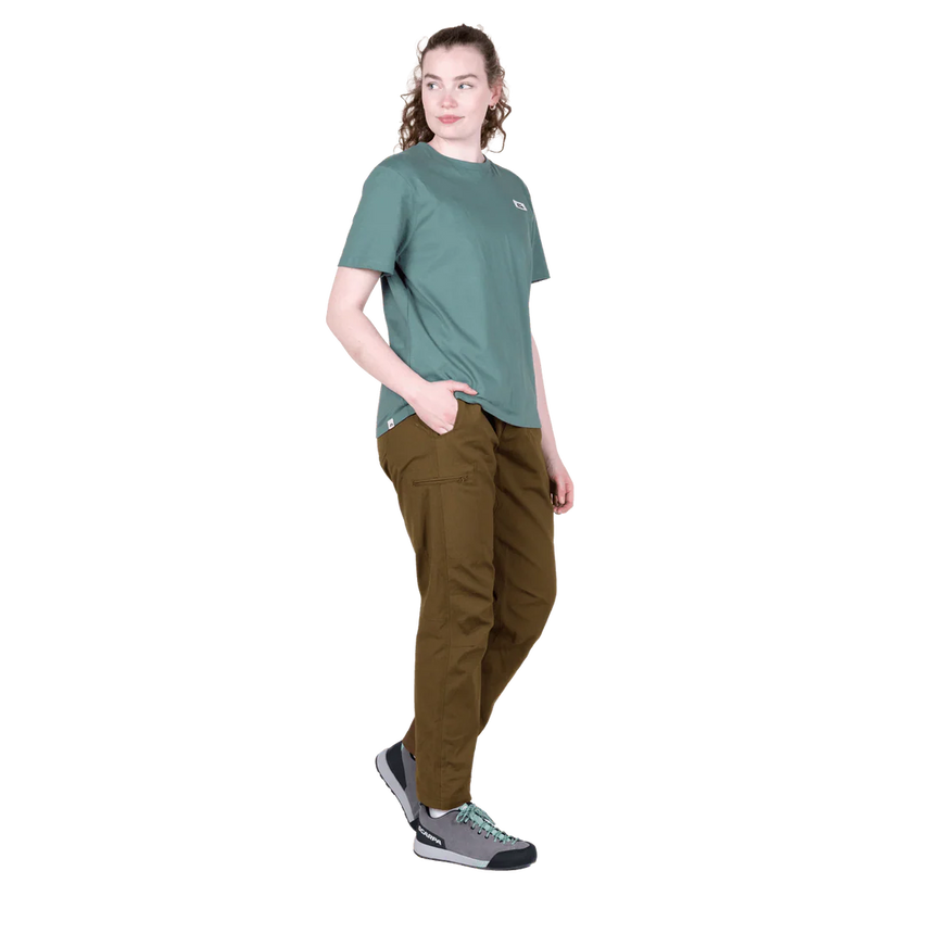 Mountain Equipment Podus Women's Tee in Goblin Blue - Graphic detail