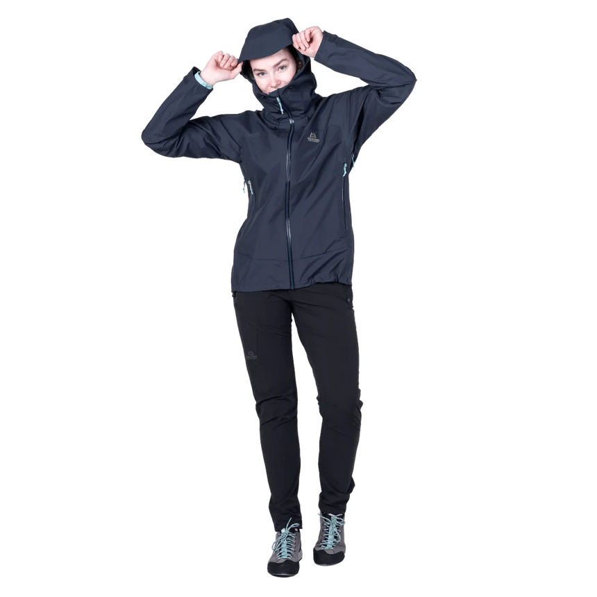 Mountain Equipment Raintower Women's Jacket in Cosmos - Hood adjustment model view