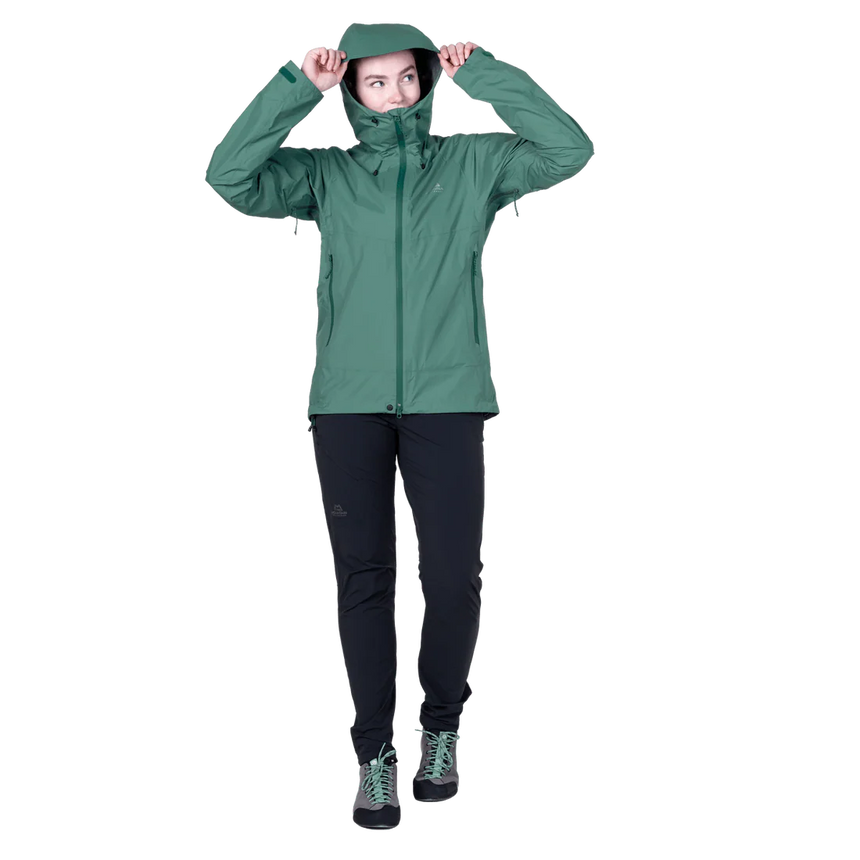 Mountain Equipment Raintower Women's Jacket in Sea Pine - Hood adjustment model view 3