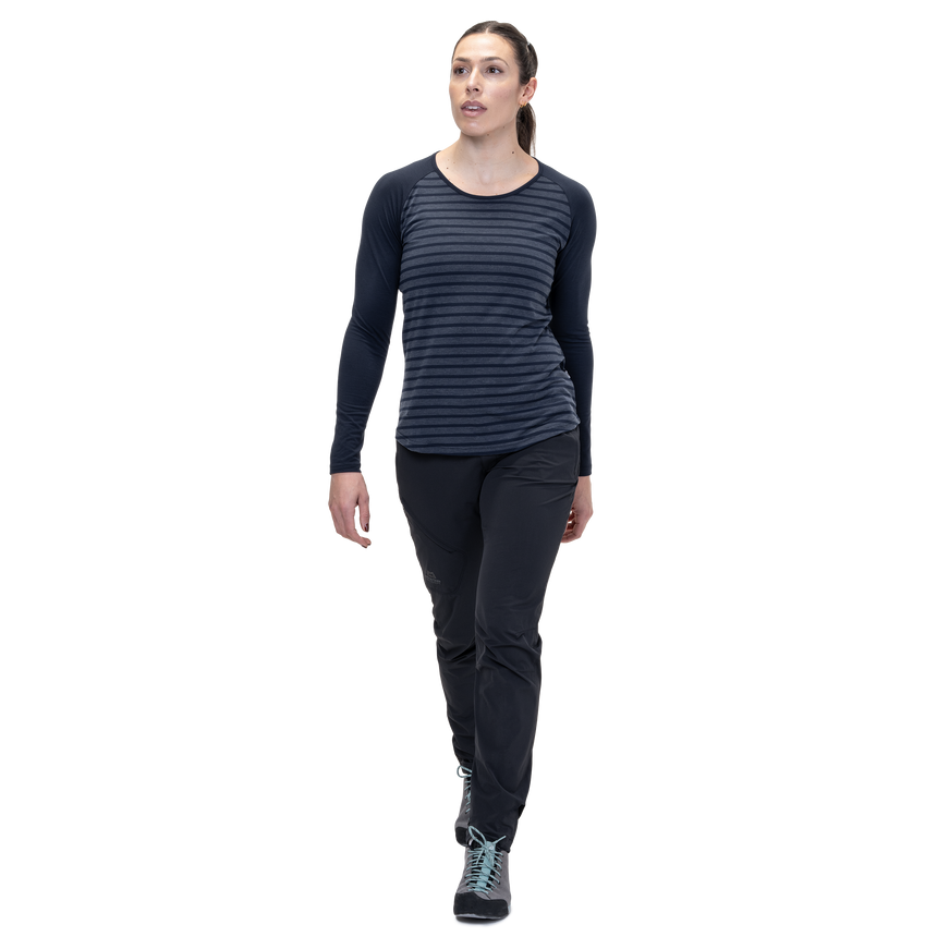 Mountain Equipment Redline LS Women's Tee in Cosmos Stripe/Cosmos - On Model Front Close