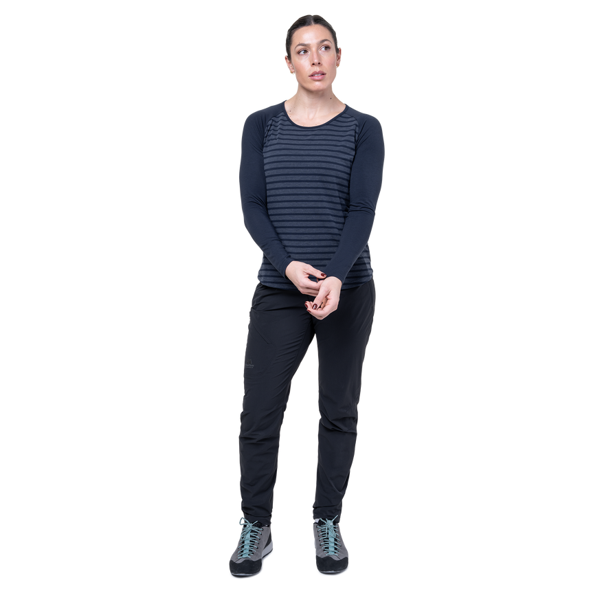 Mountain Equipment Redline LS Women's Tee in Cosmos Stripe/Cosmos - On Model Front