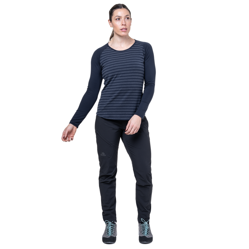 Mountain Equipment Redline LS Women's Tee in Cosmos Stripe/Cosmos - On Model Walking Back