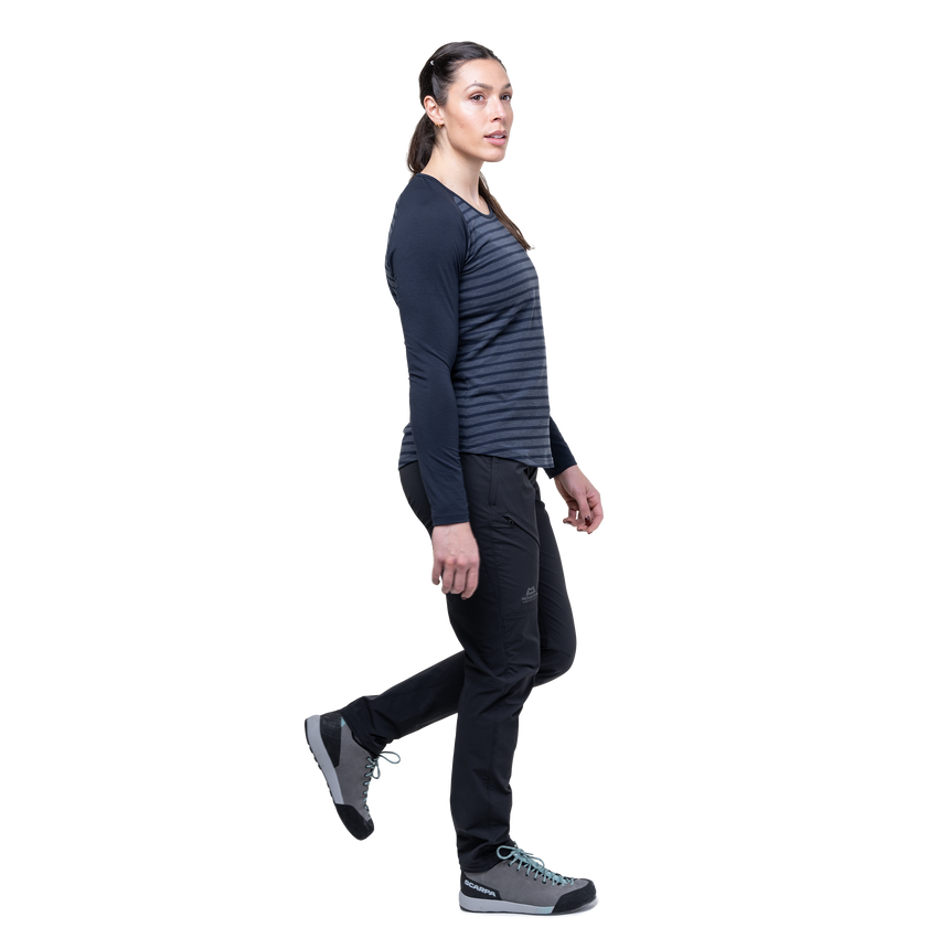 Mountain Equipment Redline LS Women's Tee in Cosmos Stripe/Cosmos - On Model Walking Side