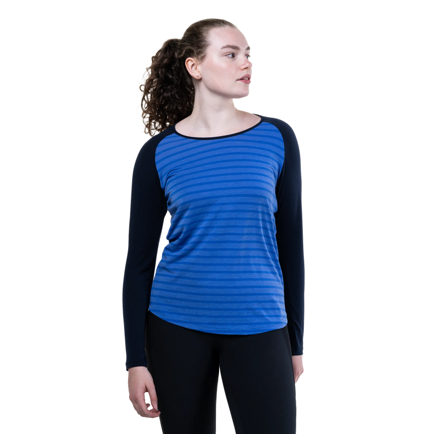 Mountain Equipment Redline LS Women's Tee in Vivid Stripe/Cosmos - On Model Front Close