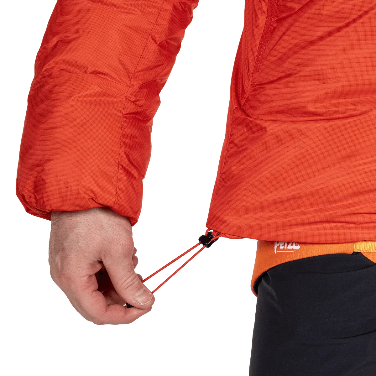 Mountain Equipment Super Oreus Men's Jacket in Magma - Hem drawcord detail, worn