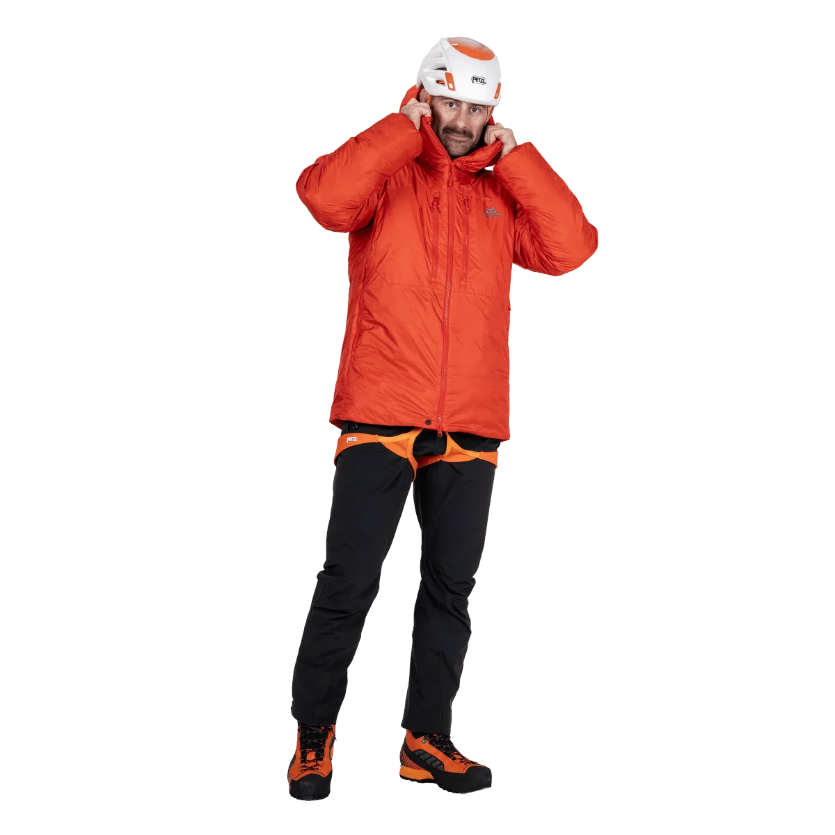 Mountain Equipment Super Oreus Men's Jacket in Magma - Hood adjustment detail, worn