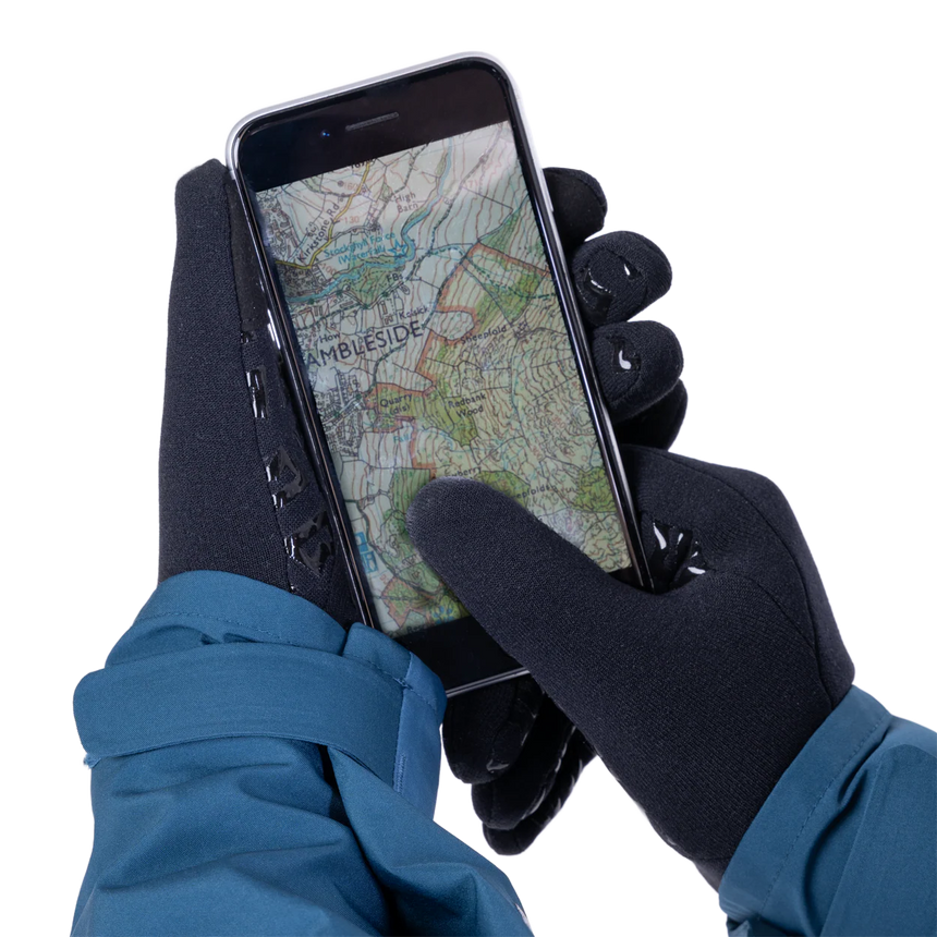 Mountain Equipment Touch Screen Grip Women's Gloves in Black - Touch Screen Compatible Finger in Use