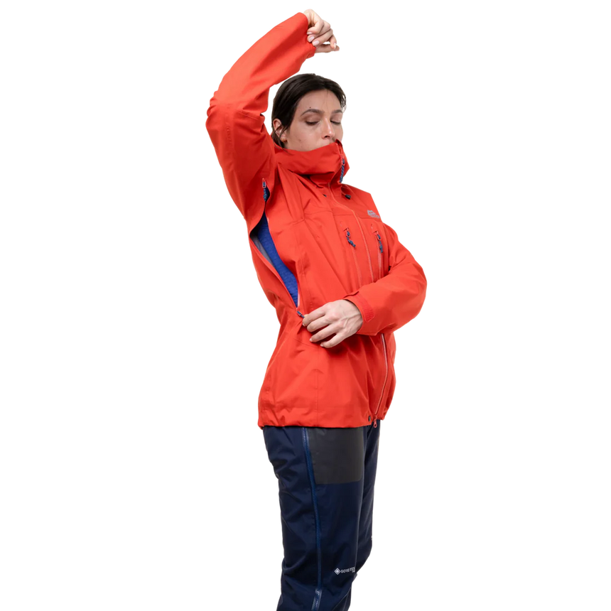 Mountain Equipment Tupilak Women's GORE-TEX Jacket in Chili Red - Arm Raise View on Model