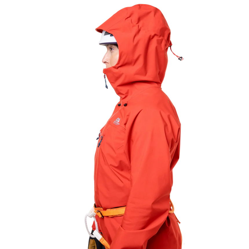 Mountain Equipment Tupilak Women's GORE-TEX Jacket in Chili Red - Hood Up on Model