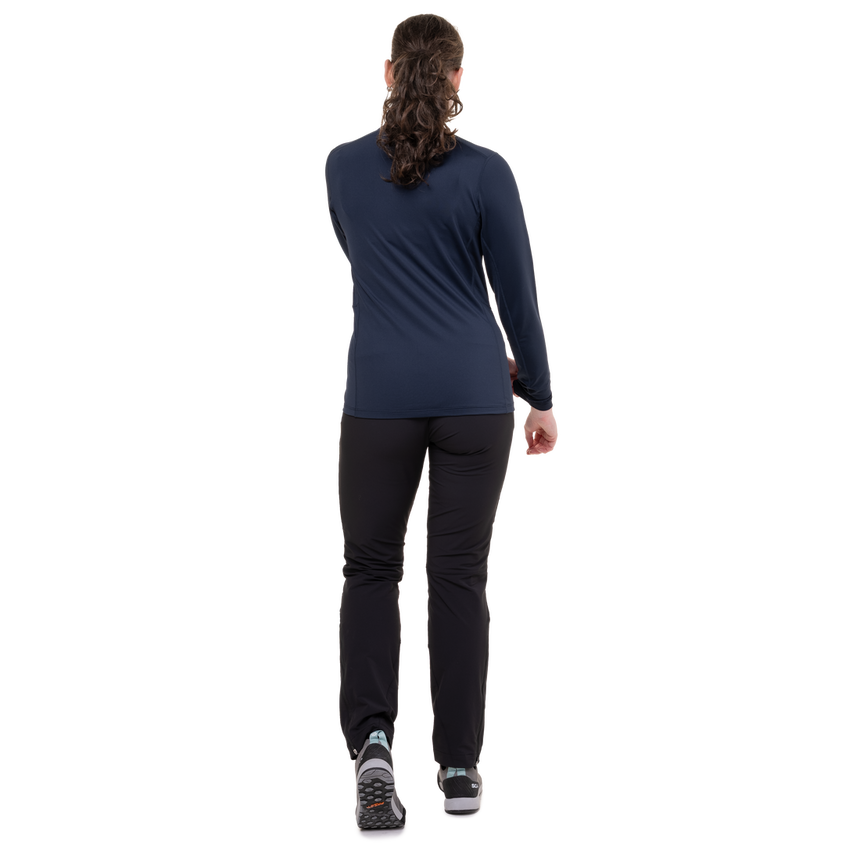 Mountain Equipment Cerrig Women's LS Zip T Outdoor Action Cosmos- Back Fit on Model