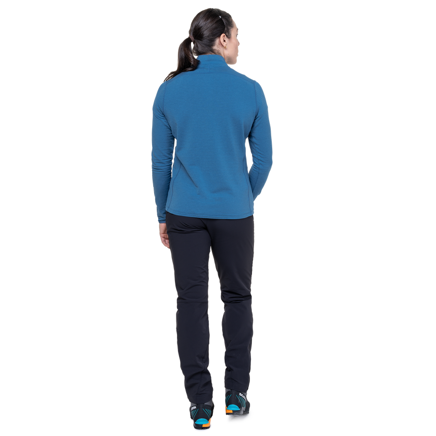 Mountain Equipment Lumiko Women's Zip T Outdoor Action Stellar/Majolica - Back Fit on Model