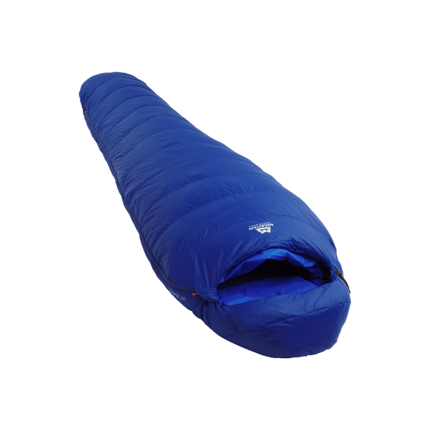Mountain Equipment Olympus 300 Sleeping Bag Outdoor Action Admiral Blue- slanted full length