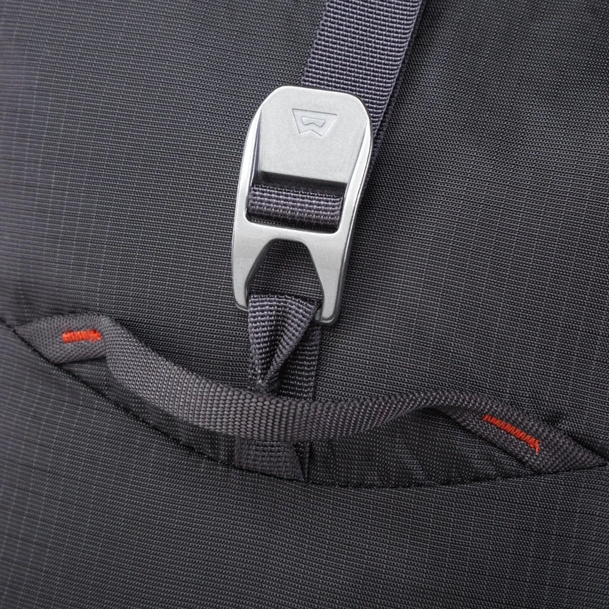 Mountain Equipment Orcus 28+ Backpack Outdoor Action Anvil Grey- Buckle (Close-up)