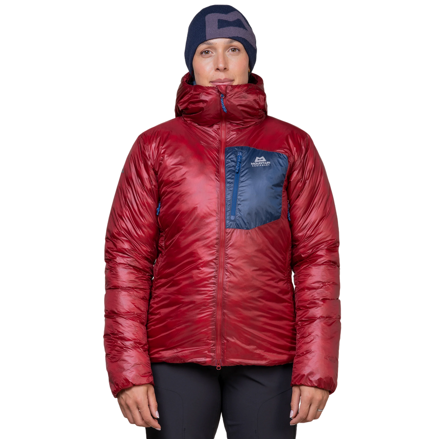 Mountain Equipment Oreus Hooded Women's Jacket Outdoor Action Merlot/Admiral Blue-Front Fit on Model