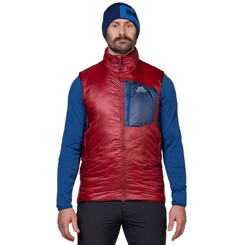 Mountain Equipment Oreus Men's Vest Outdoor Action Merlot/Admiral Blue- Front Fit on Model