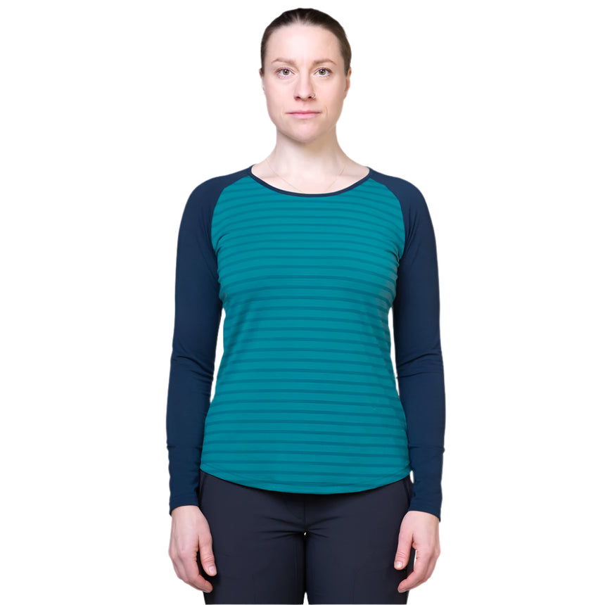 Mountain Equipment Redline LS Women's Tee Outdoor Action Spruce Stripe/Cosmos- Front