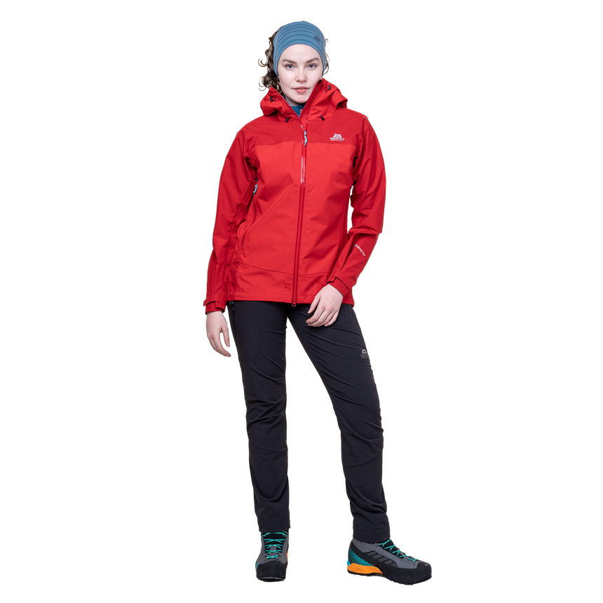 Mountain Equipment Saltoro Women’s Jacket Outdoor Action Imperial Red/Crimson - Full View on Model