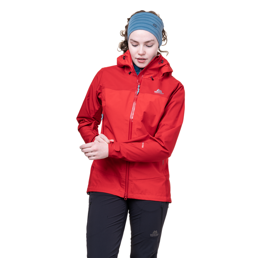 Mountain Equipment Saltoro Women’s Jacket Outdoor Action Imperial Red/Crimson - Front View on Model