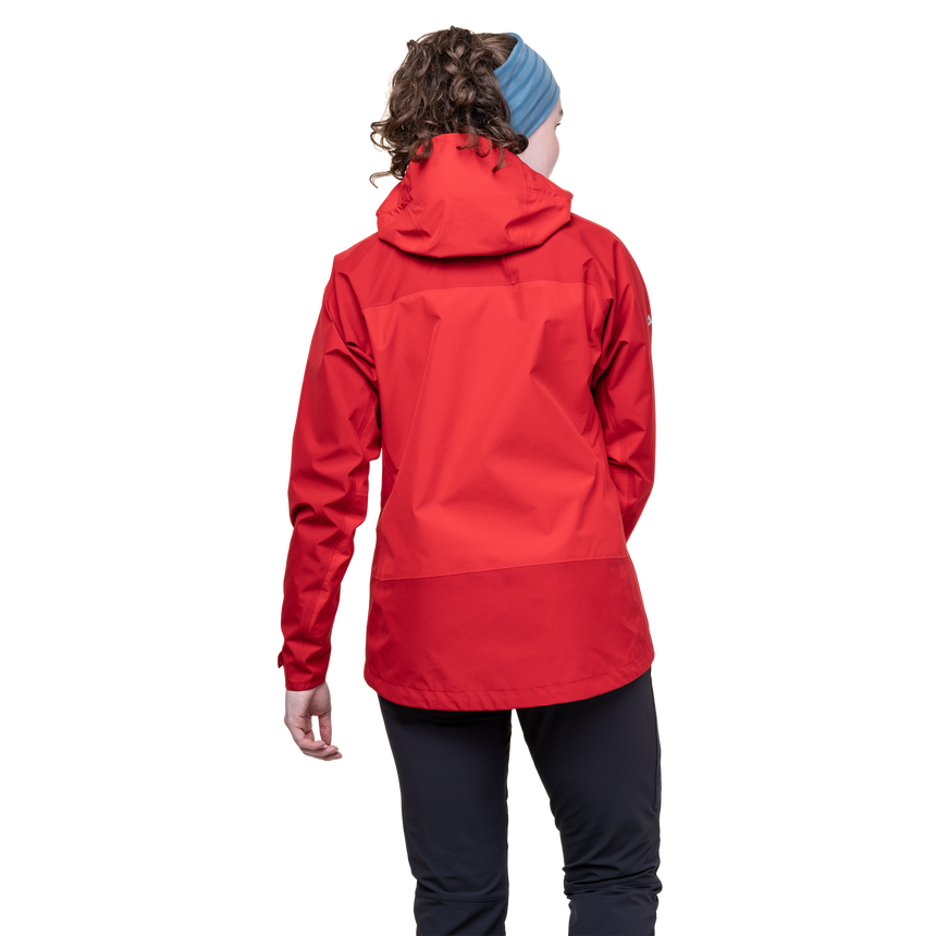 Mountain Equipment Saltoro Women’s Jacket Outdoor Action Imperial Red/Crimson - Back View on Model