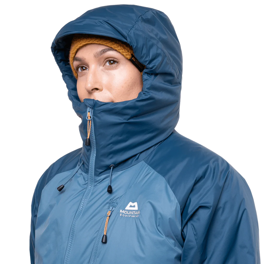 Mountain Equipment Shelterstone Women's Jacket Outdoor Action Stellar/Majolica- Hood