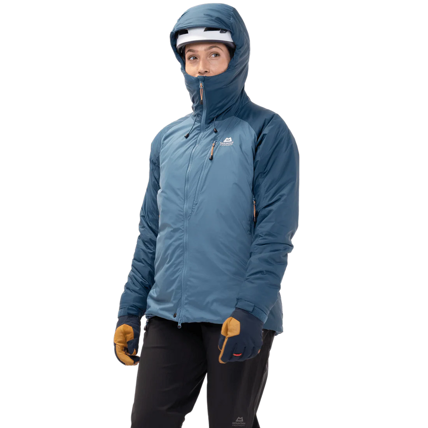 Mountain Equipment Shelterstone Women's Jacket Outdoor Action Stellar/Majolica- Hood Up
