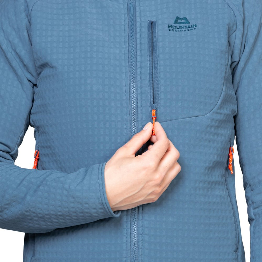 Mountain Equipment Shroud Hooded Women's Jacket Outdoor Action Stellar Blue- Zipped Chest Pocket