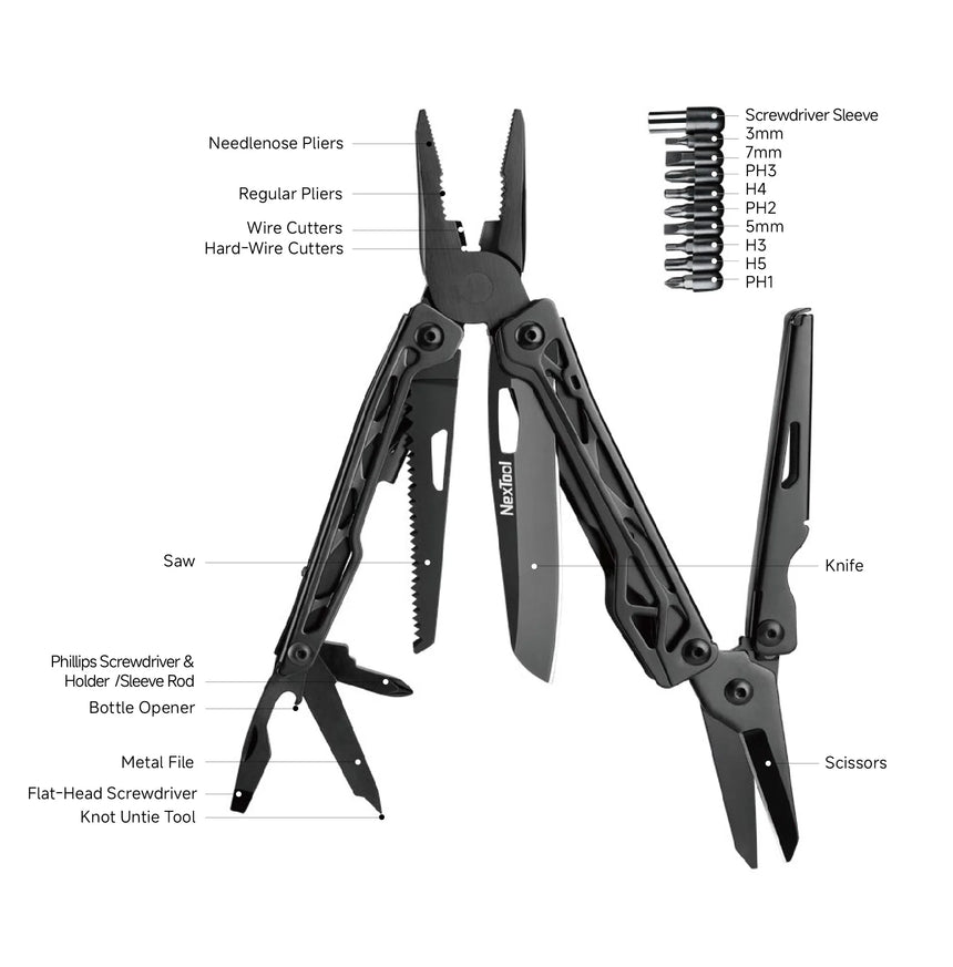 Nextool Black Knight Specifications - Complete 12-in-1 Multitool with Storage Bag and Bit Set