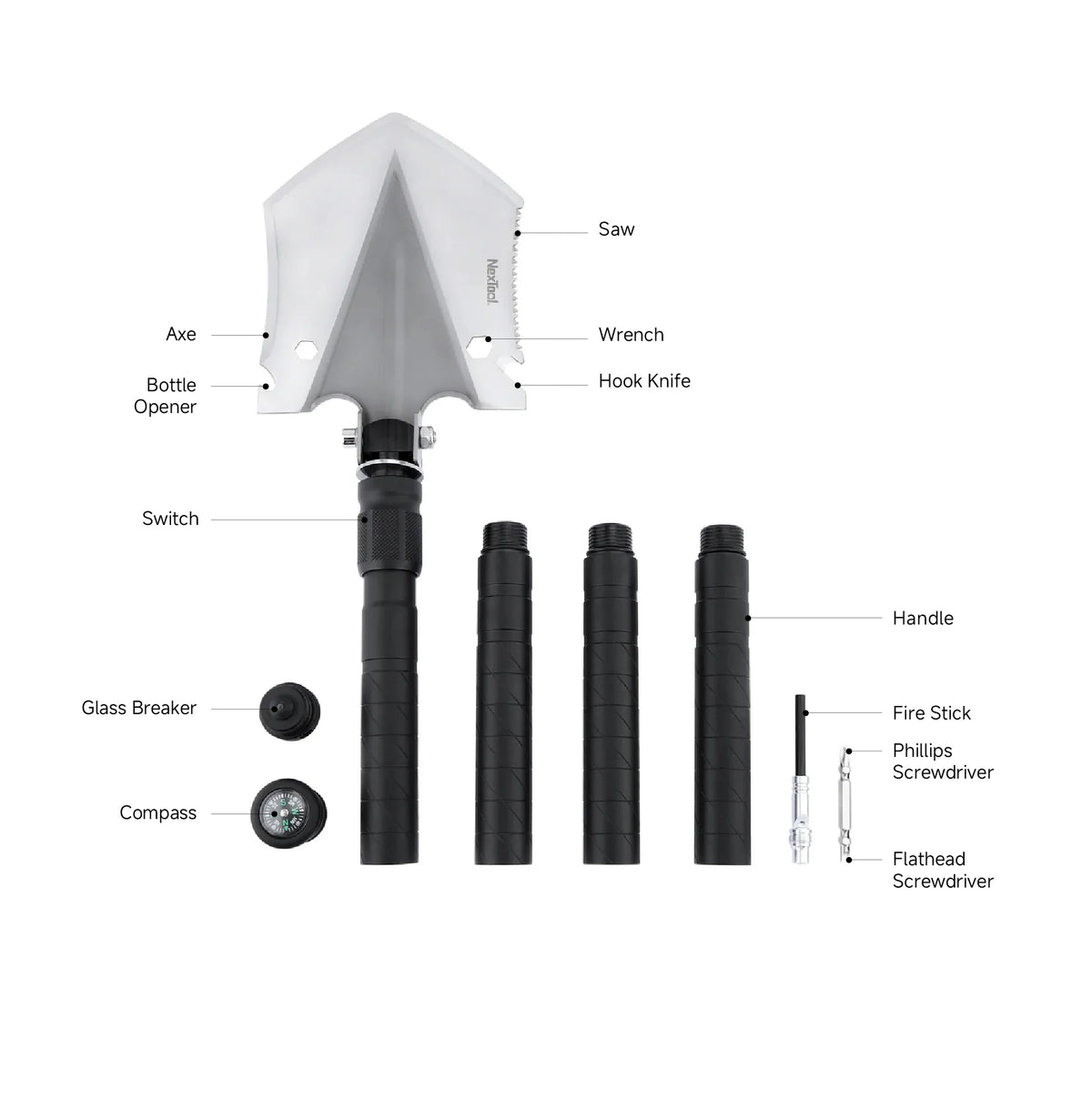 Nextool Multi Functional Shovel Large Specifications - Complete 14-in-1 Tool with U.S. Patent and All Features