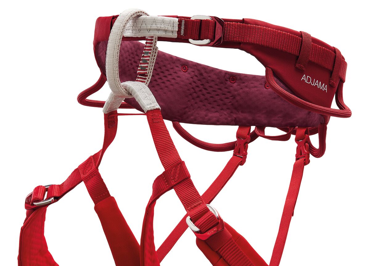Petzl Adjama Climbing Harness Dark Red - Front Straps Close Up