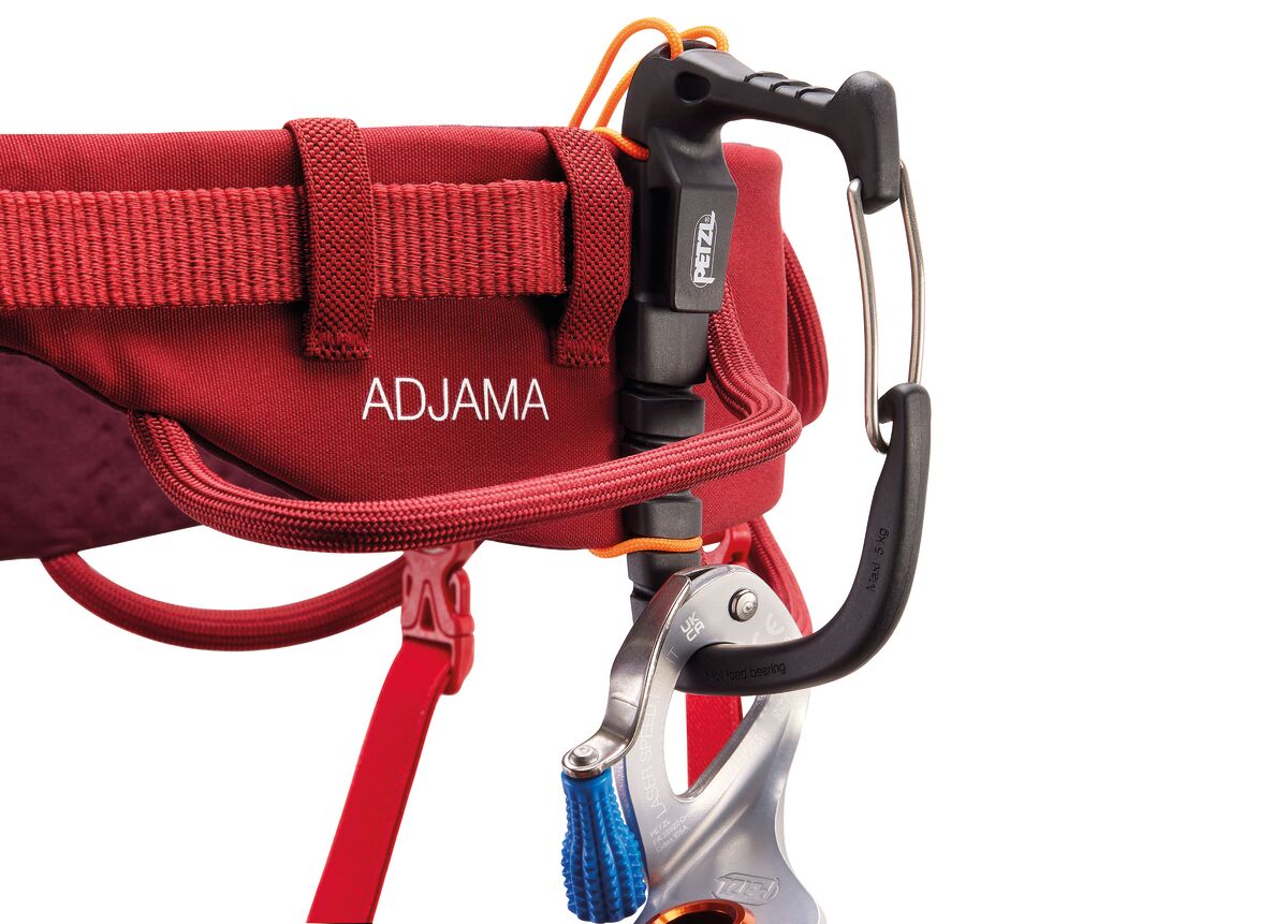Petzl Adjama Climbing Harness Dark Red - Side Straps with Carabiner