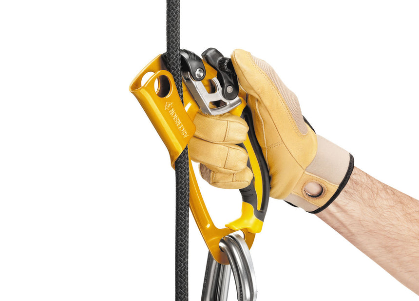 Petzl Ascension Left Handed Rope Clamp Black/Yellow - Model Gripping Product With Rope Attached