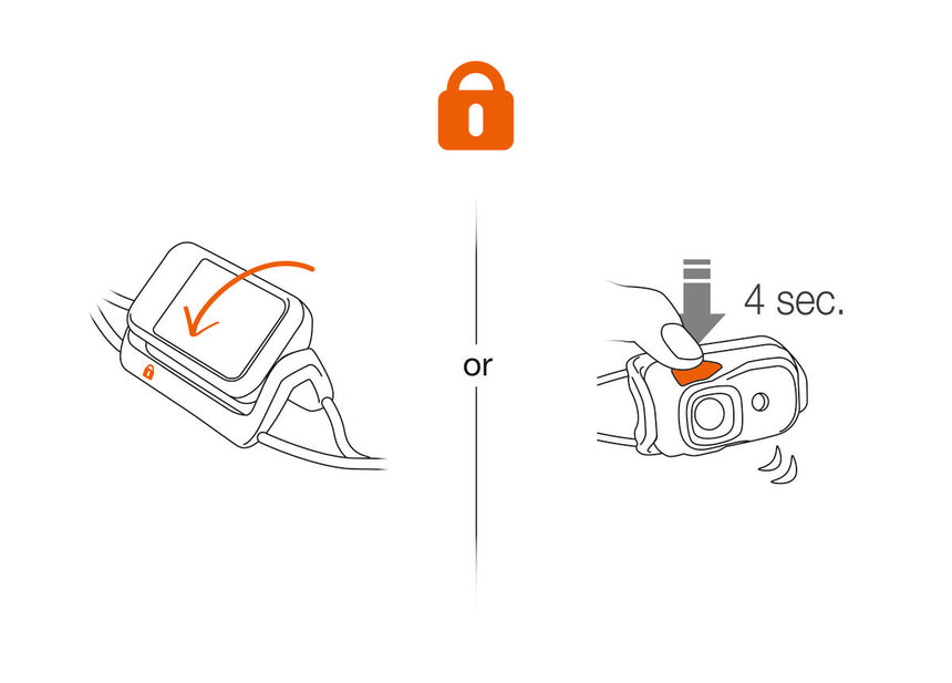 Petzl Bindi® Rechargeable Headlamp - Lock or Hold Down Button Diagram