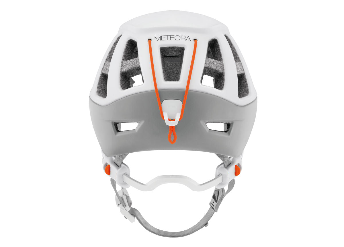 Petzl Meteora Women's Helmet White/Grey - Back View with String Attachment