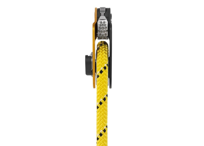 Petzl Mini Traxion Pulley - Side View of Rope Attached to Device