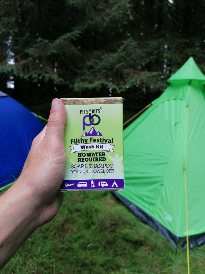 Pits & Bits Filthy Festival Wash Kit with soap, shampoo, body wash, and wipes