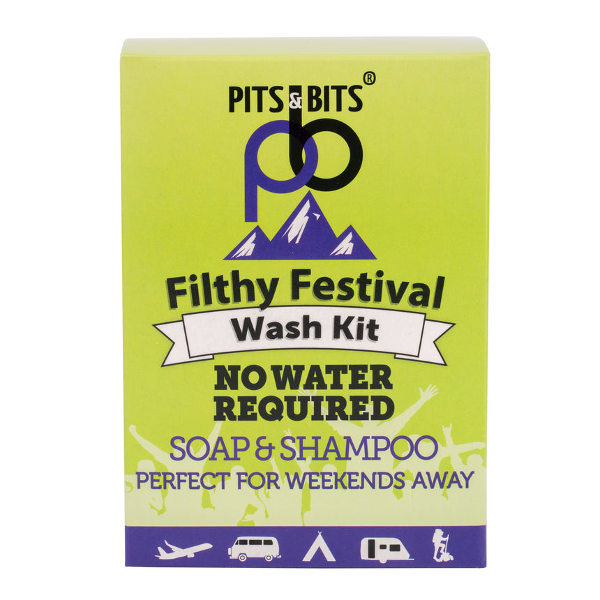 Pits & Bits Filthy Festival Wash Kit with soap, shampoo, body wash, and wipes