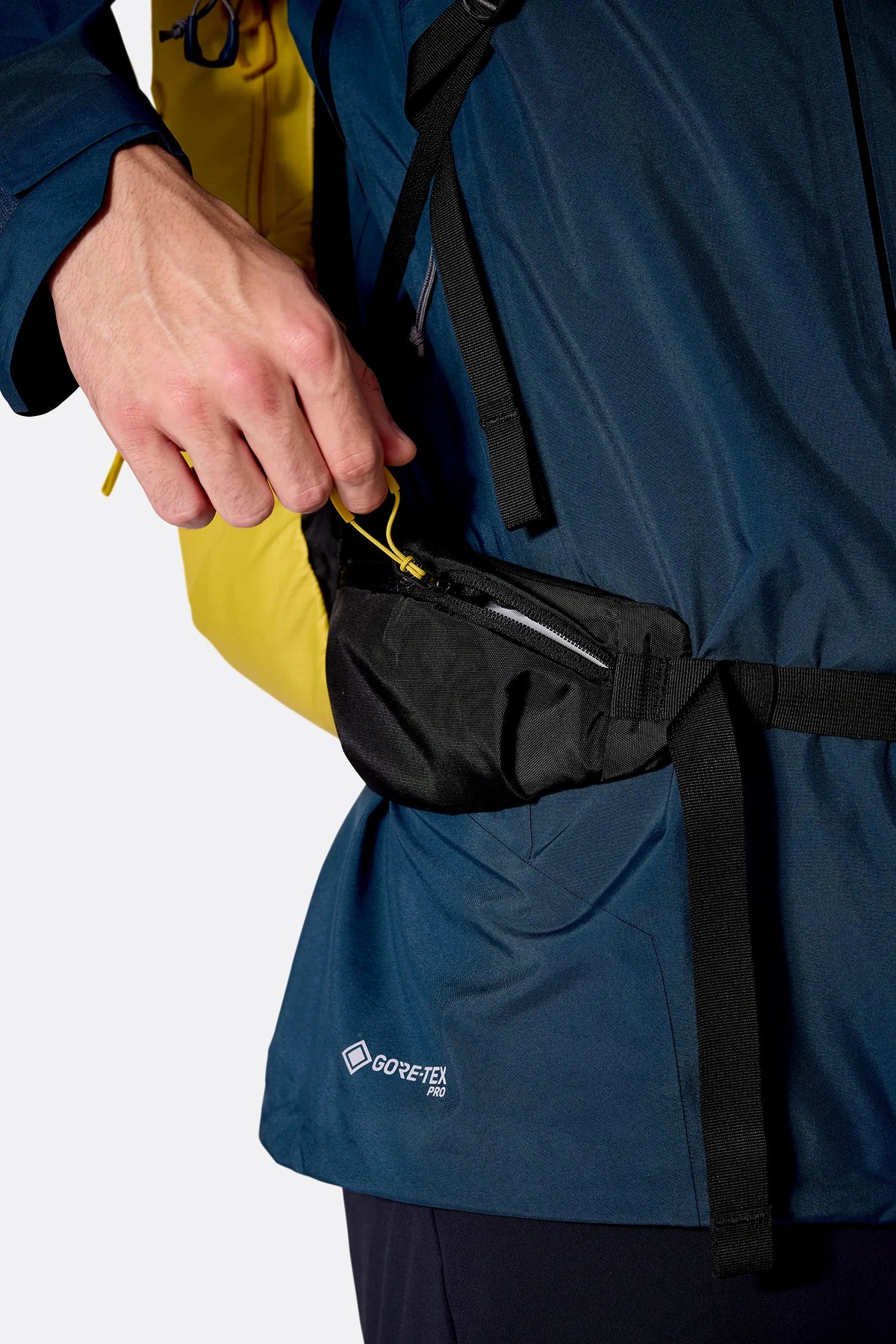 Rab Ascendor 45L Mountain Pack in Dark Pollen - Side Pocket Access Detail